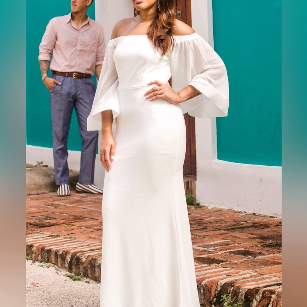 Joaquin Blanco Off Shoulder Sleeve White Wedding Engagement Party Dress Gown - M